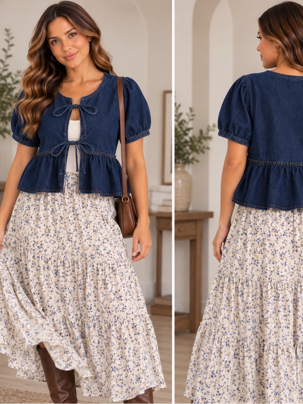 Cider Dark Blue Denim Tie-Front Peplum Top